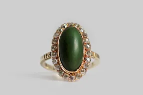 Victorian Era OMC Diamond & Nephrite Jade Halo Ring in 10k Gold