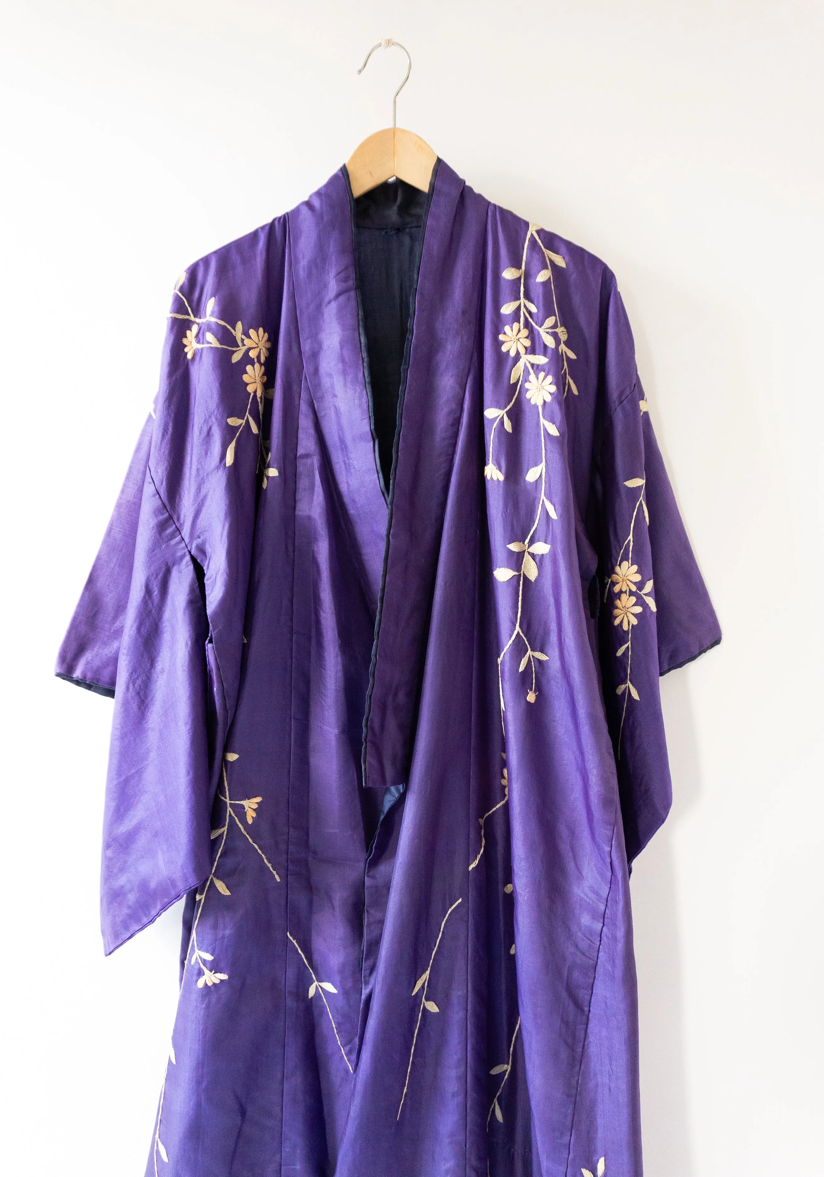 Vintage Long Floral Kimono in Deep Purple