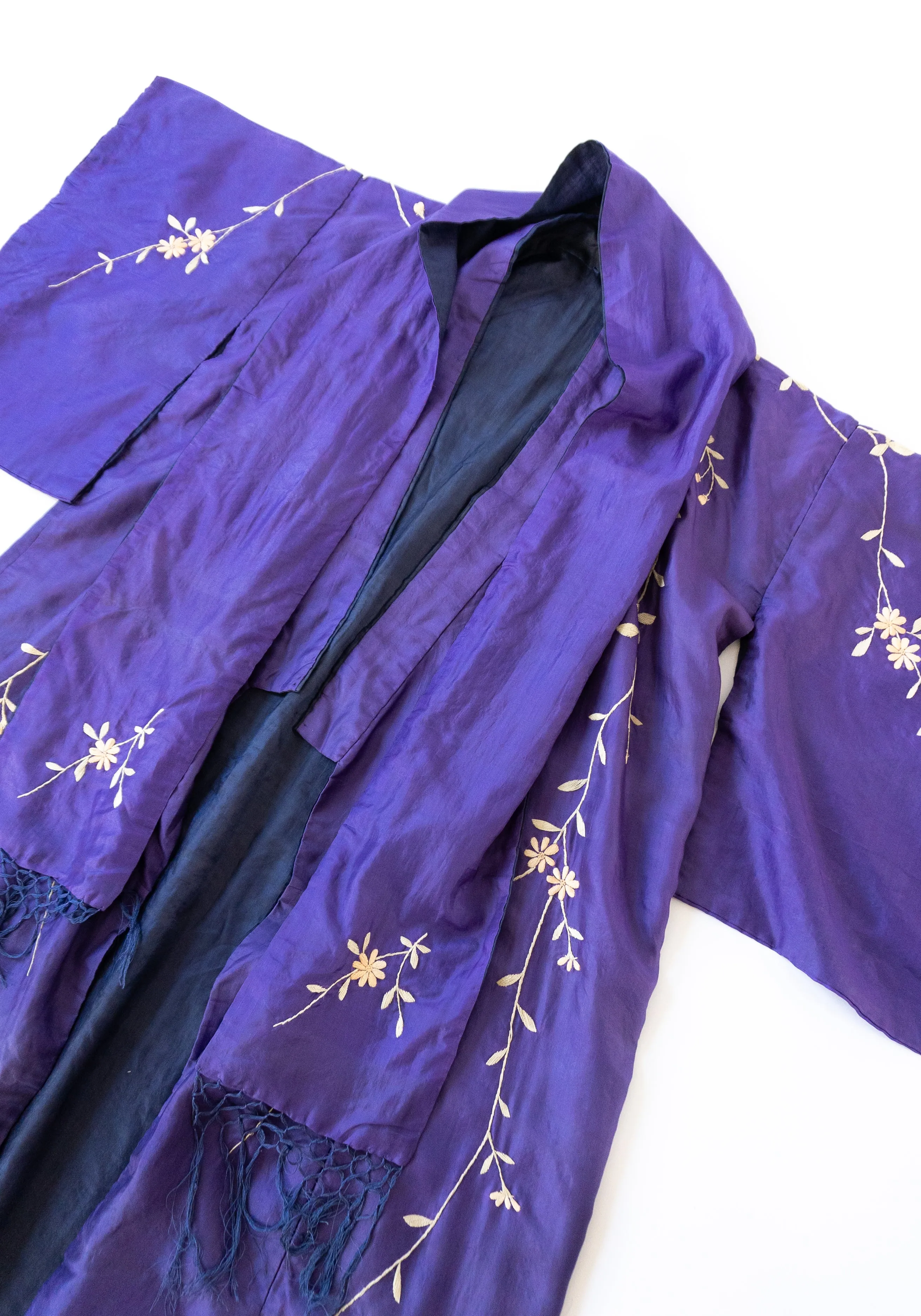 Vintage Long Floral Kimono in Deep Purple