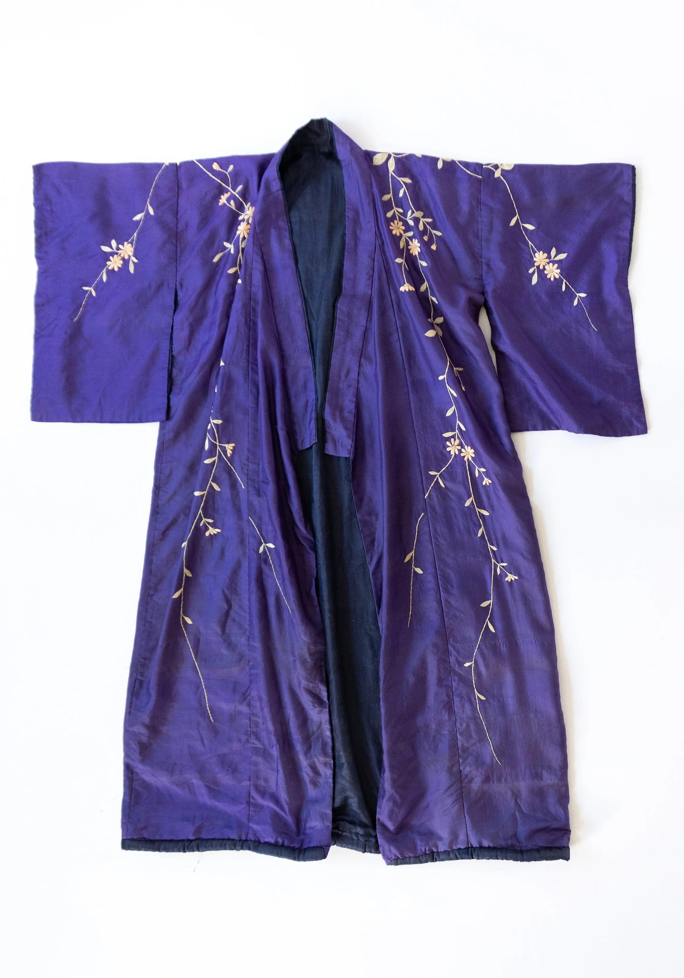 Vintage Long Floral Kimono in Deep Purple